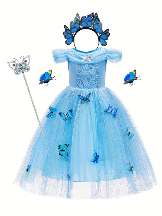 9pcs Girls Princess Dress Costume Set with Gloves, Crown & Wand