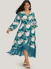  Floral Print Long Sleeve Fringe Trim Dress