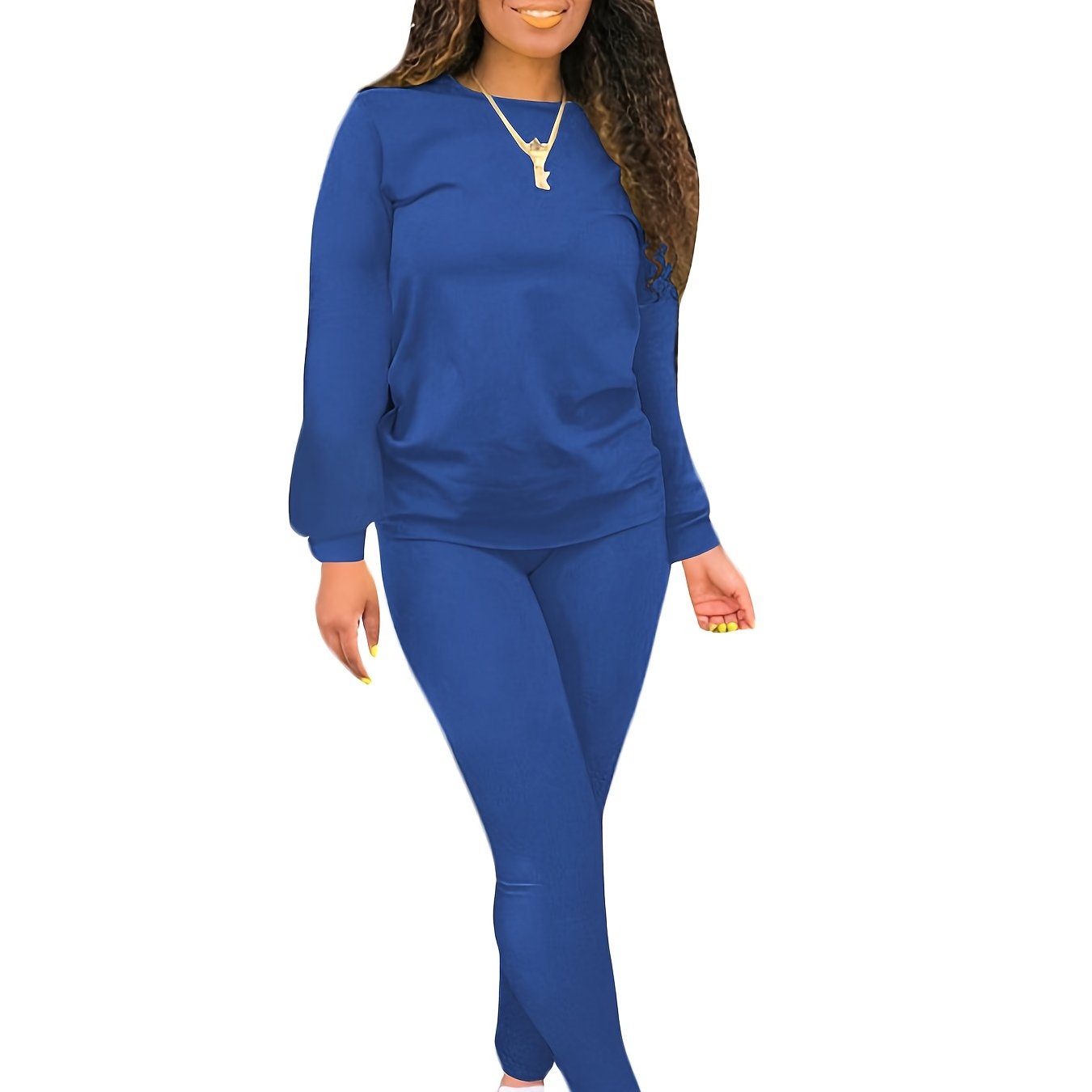 Solid Pullover Shirt & Pants Plus Size Set