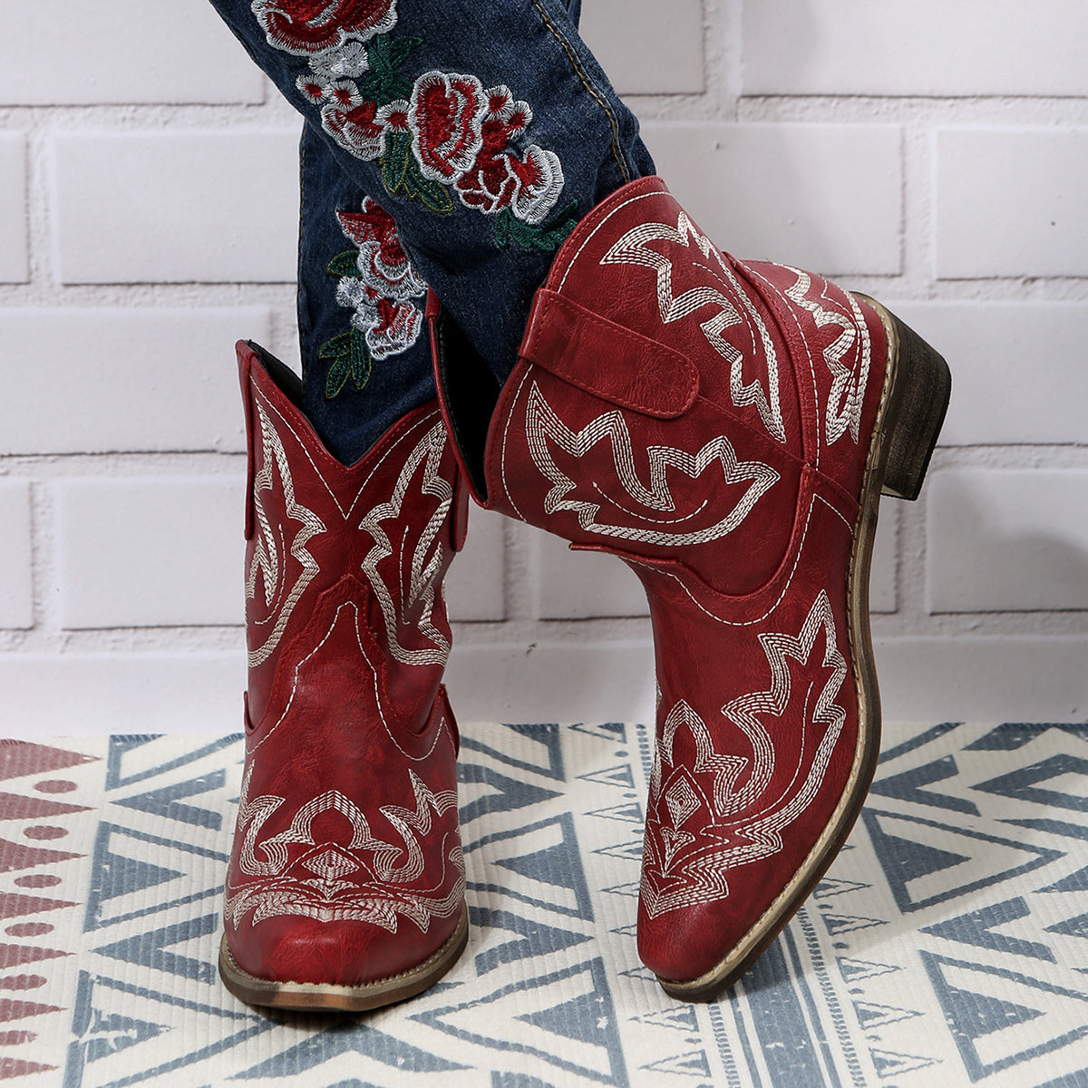Women's V Cut Western Short Boots Low Chunky Heel Pointed Toe Shoes