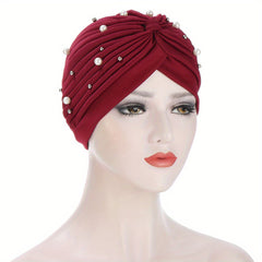 Faux Pearl Decor Turban Solid Beanies Head Scarf Lightweight Elastic Chemo Cap