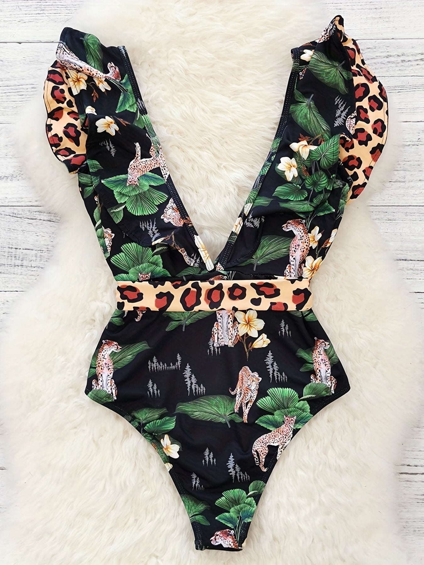 Leopard Print Ruffle Trim Tie Belt One Piece Swimsuit