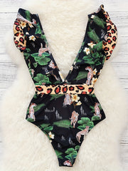 Leopard Print Ruffle Trim Tie Belt One Piece Swimsuit