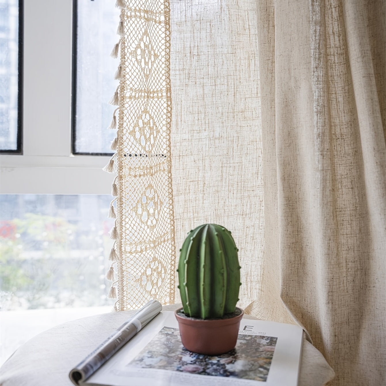Boho Pure Linen Crochet Semi Blackout Curtain American Farmhouse Style