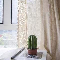 Boho Pure Linen Crochet Semi Blackout Curtain American Farmhouse Style