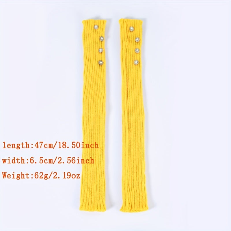 Yellow Knit Fingerless Gloves Y2K Pearl Flower Detail Warm Elastic