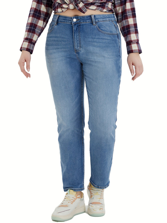 Women's Plus Button Fly High Rise Stretchy Straight Leg Jeans