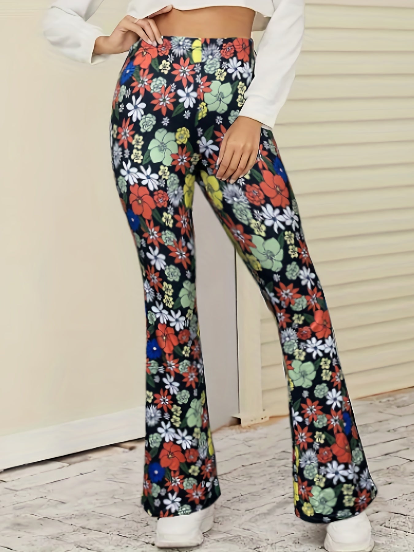 Women's Plus Floral Print High Rise Flare Leg Pants