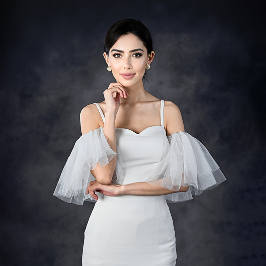 Puffy Sleeve Bridal Gown & Tulle Bridesmaid Dress
