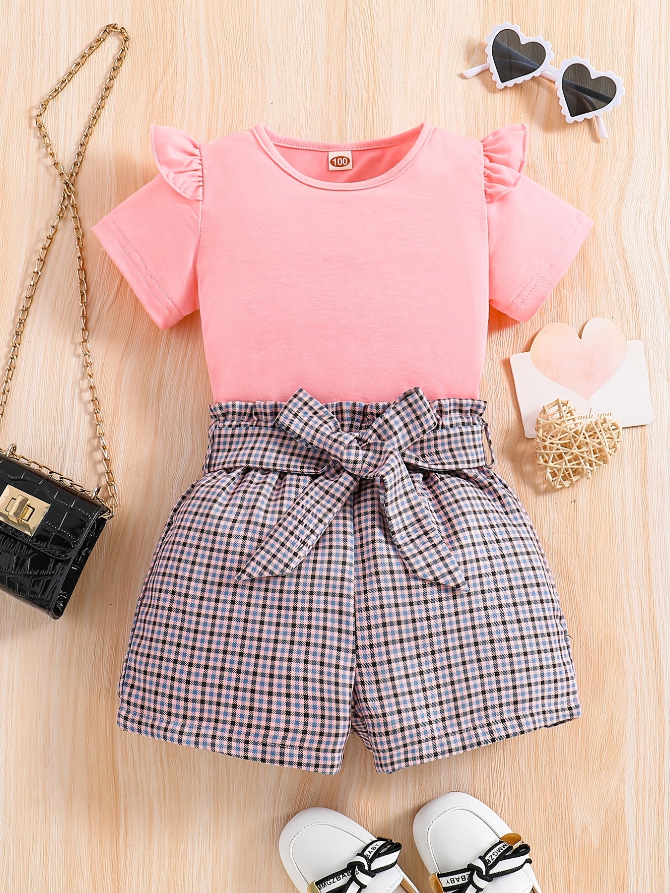 Girls Ruffled Short Sleeve Tee & Plaid Shorts Set with Belt