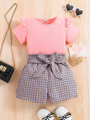 Girls Ruffled Short Sleeve Tee & Plaid Shorts Set with Belt