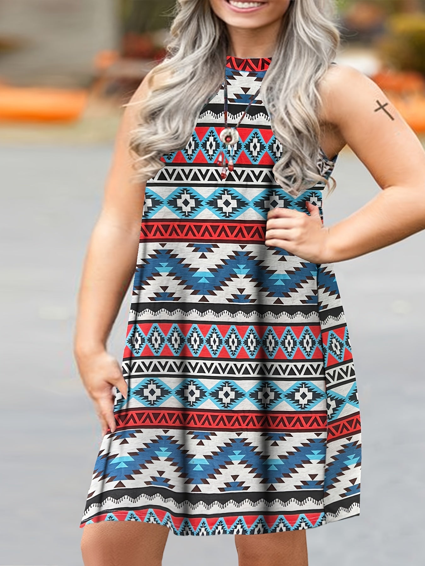  Southwestern Print Tank Dress Mock Neck Casual Slight Stretch