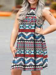  Southwestern Print Tank Dress Mock Neck Casual Slight Stretch