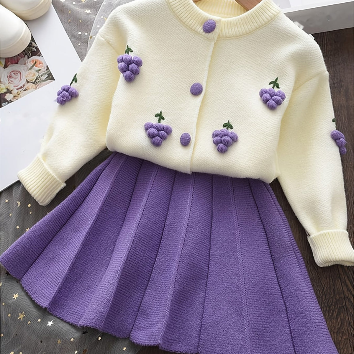 Girls Knit Cardigan & Pleated Skirts Set for Baby Kids Spring Fall