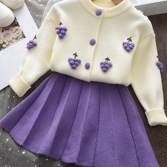Girls Knit Cardigan & Pleated Skirts Set for Baby Kids Spring Fall