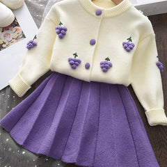 Girls Knit Cardigan & Pleated Skirts Set for Baby Kids Spring Fall