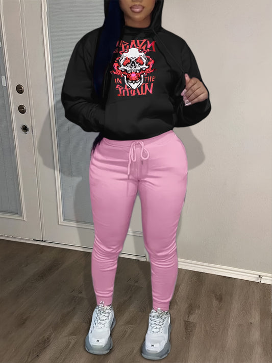  Gothic Outfits Set Skull Print Hoodie & Joggers 2 Piece Set