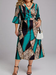  Colorblock Leopard Print Surplice Neck Dress