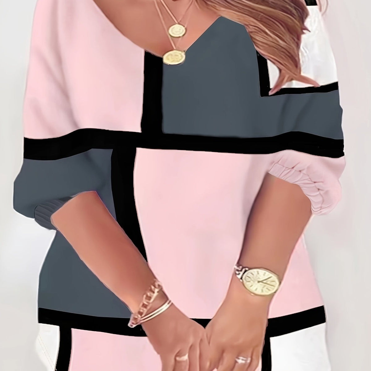  Colorblock Geometric Print Half Sleeve V Neck Mini Dress