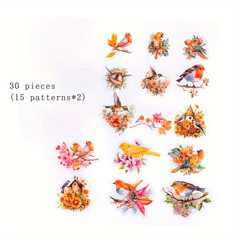 30pcs Flying Bird & Flower PET Ink Sticker Pack for Journal Decoration