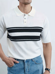 Striped Pattern Knit Short Sleeves Polo Shirt Men's Casual Lapel High Stretch
