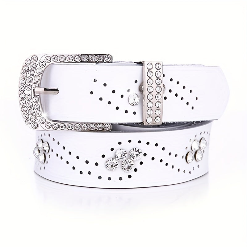 Rhinestone Leather Belt Hollow Design Casual Jeans Belt for Women