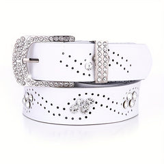 Rhinestone Leather Belt Hollow Design Casual Jeans Belt for Women