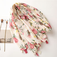 Vintage Pink Flower Print Scarf Cotton Beach Sunscreen Travel Shawl Tassel