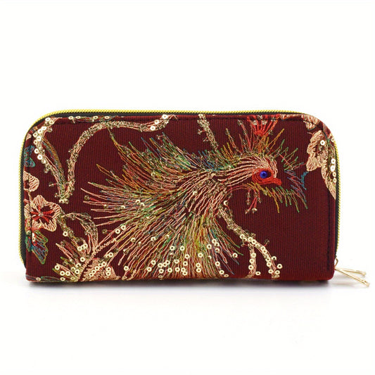 Women's Embroidery Wallet Peacock Print Clutch Layered Phone Bag