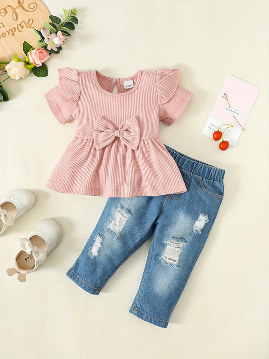 2pcs Baby Girls Bowknot Ruffle Top & Ripped Jeans Set