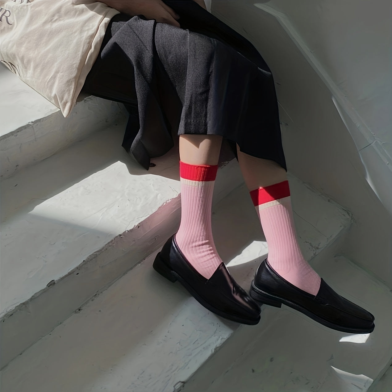 Colorblock Ribbed Socks College Style All match Socks Women