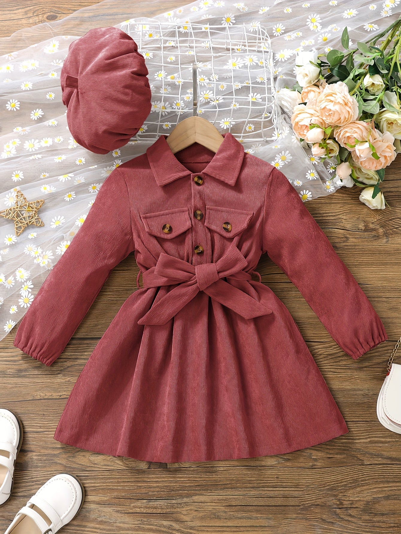 Girls Corduroy Button Front Collar Neck Dress Set