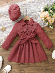 Girls Corduroy Button Front Collar Neck Dress Set