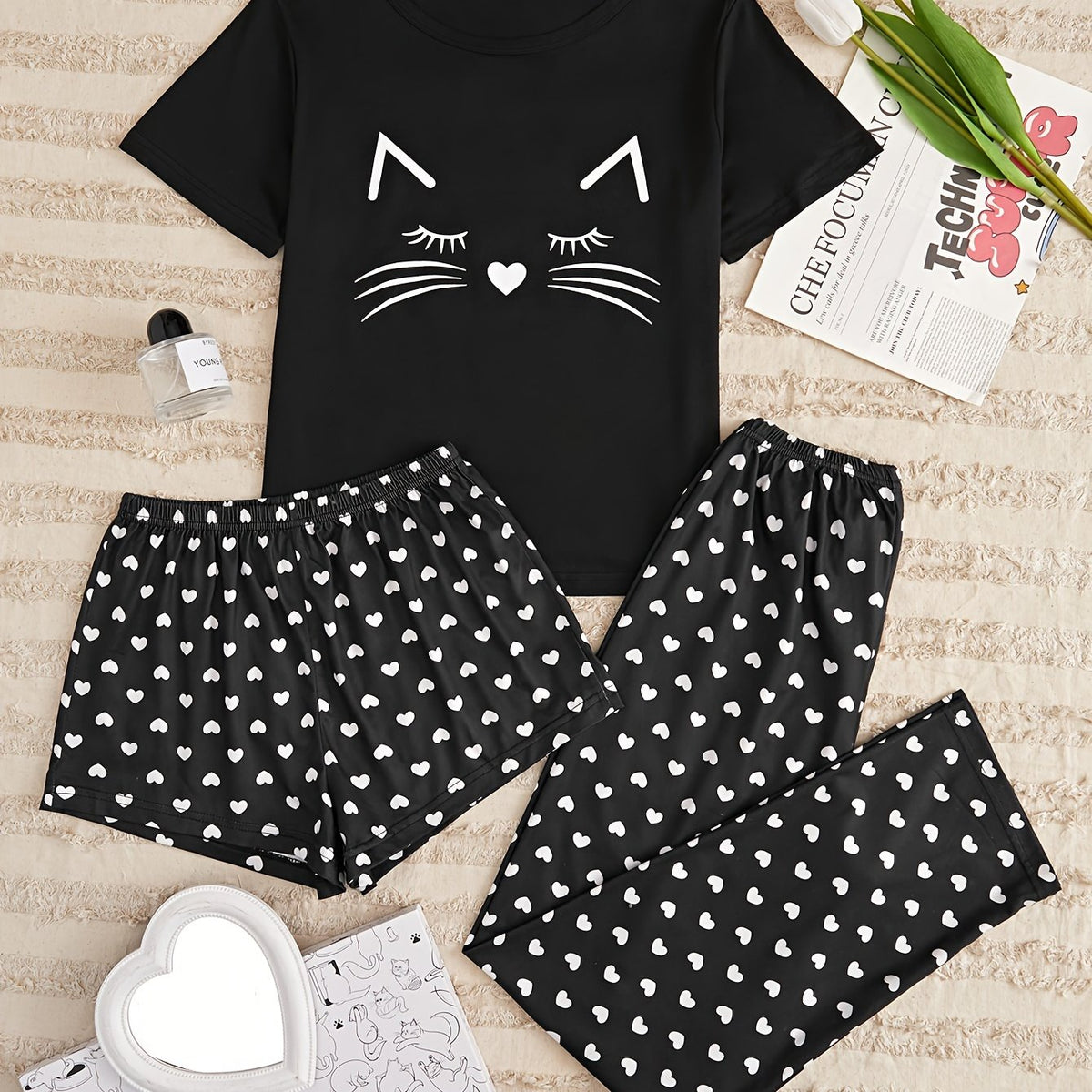 3pcs Cat & Heart Print Pajama Set Women's Loungewear Sleepwear