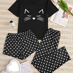 3pcs Cat & Heart Print Pajama Set Women's Loungewear Sleepwear