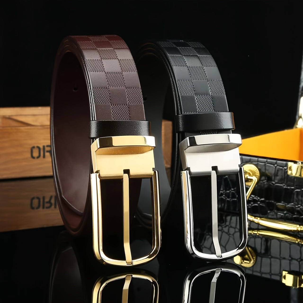 Men's Checkerboard Pattern Cowhide Belt 3 1/4in Width