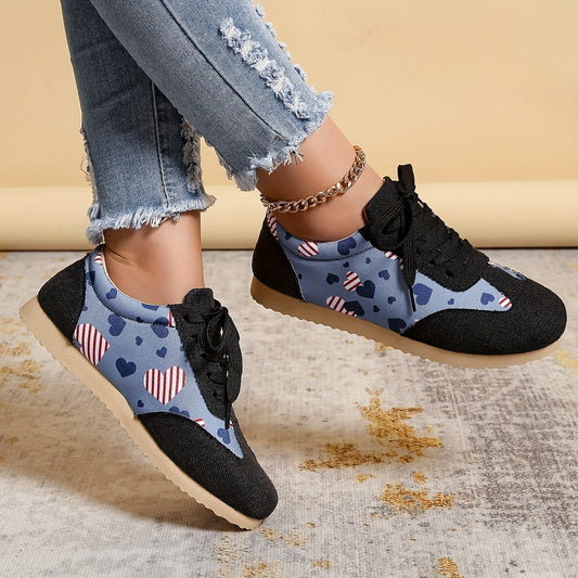 Heart Print Sneakers Lace Up Low Top Shoes Lightweight Outdoor Walking