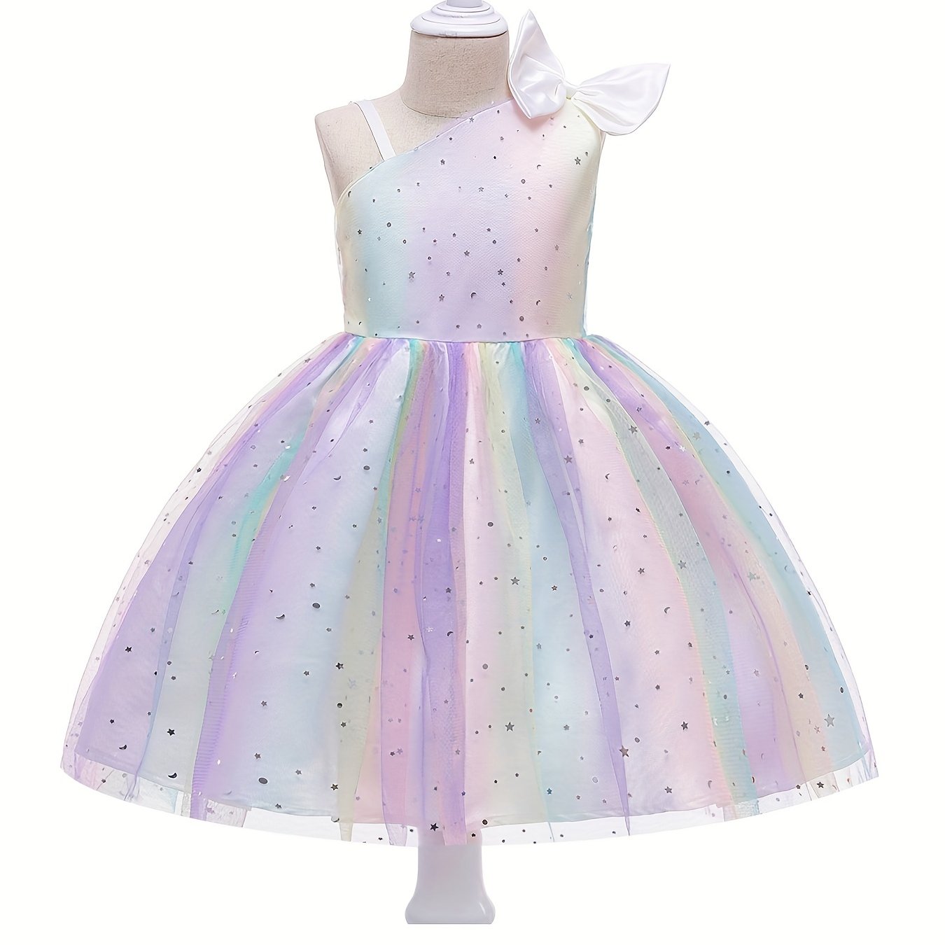 Girl's Princess Dress Sequin One Shoulder Mesh Dress