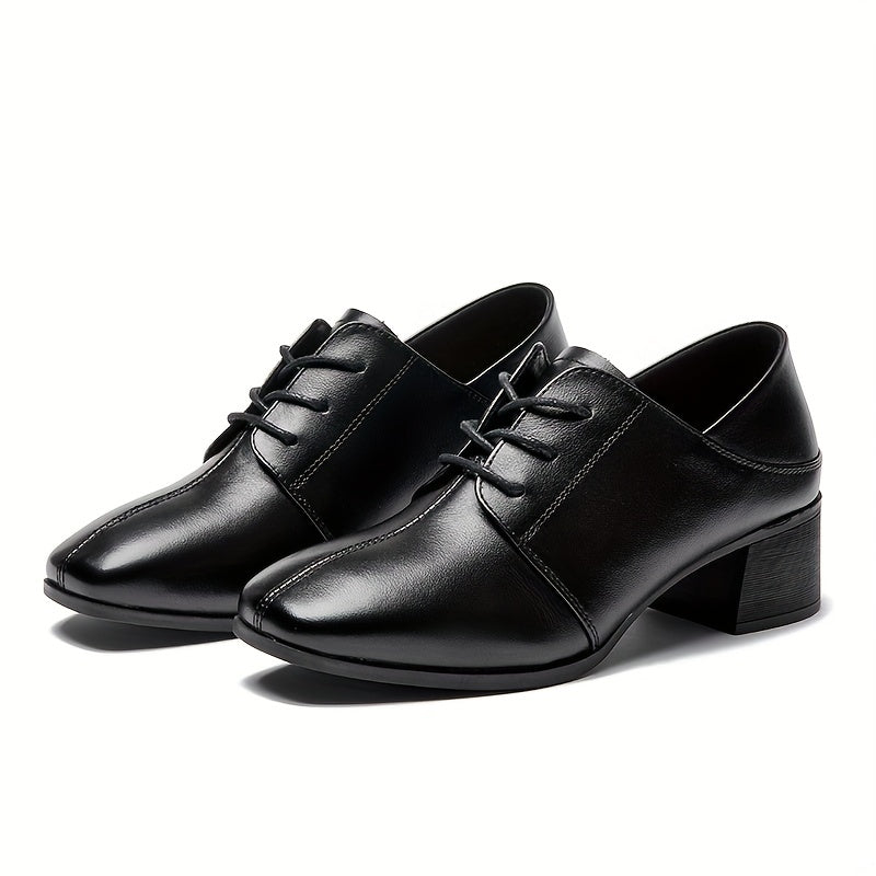 Women's Block Heel Loafers Lace Up Square Toe High Heels British Style Shoes
