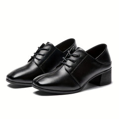 Women's Block Heel Loafers Lace Up Square Toe High Heels British Style Shoes