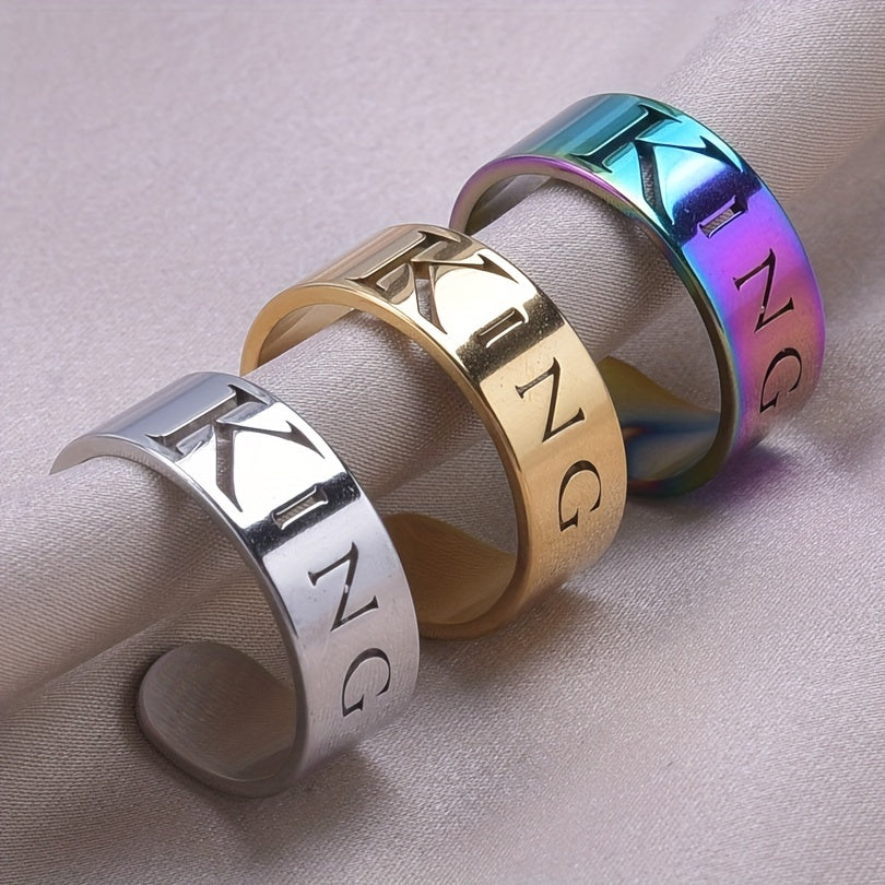 18k Plated Carved 'king' Symbol Stainless Steel Cuff Ring