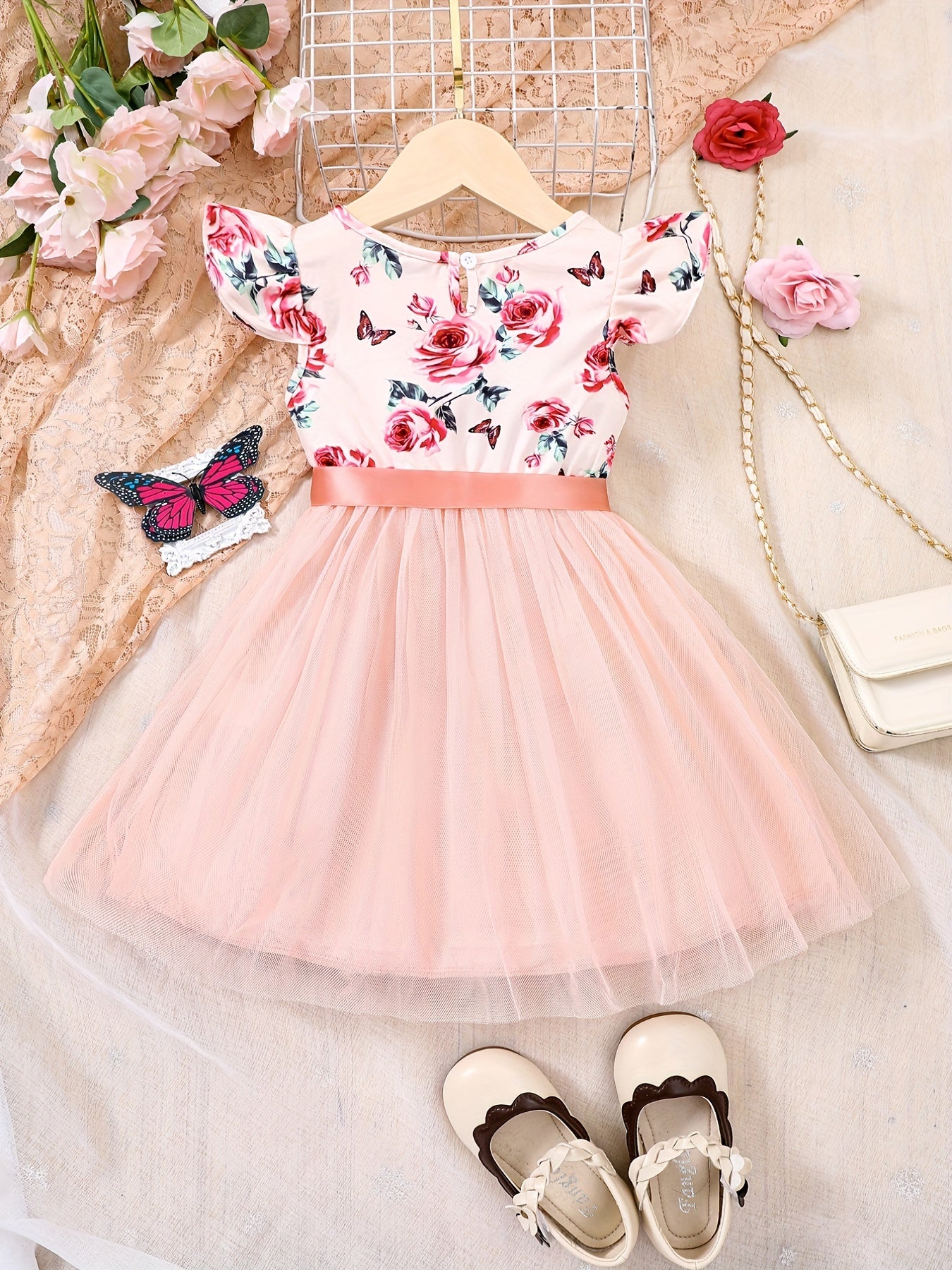 Girls Flower Sleeveless Ruffled Mesh Princess Dress With Belt