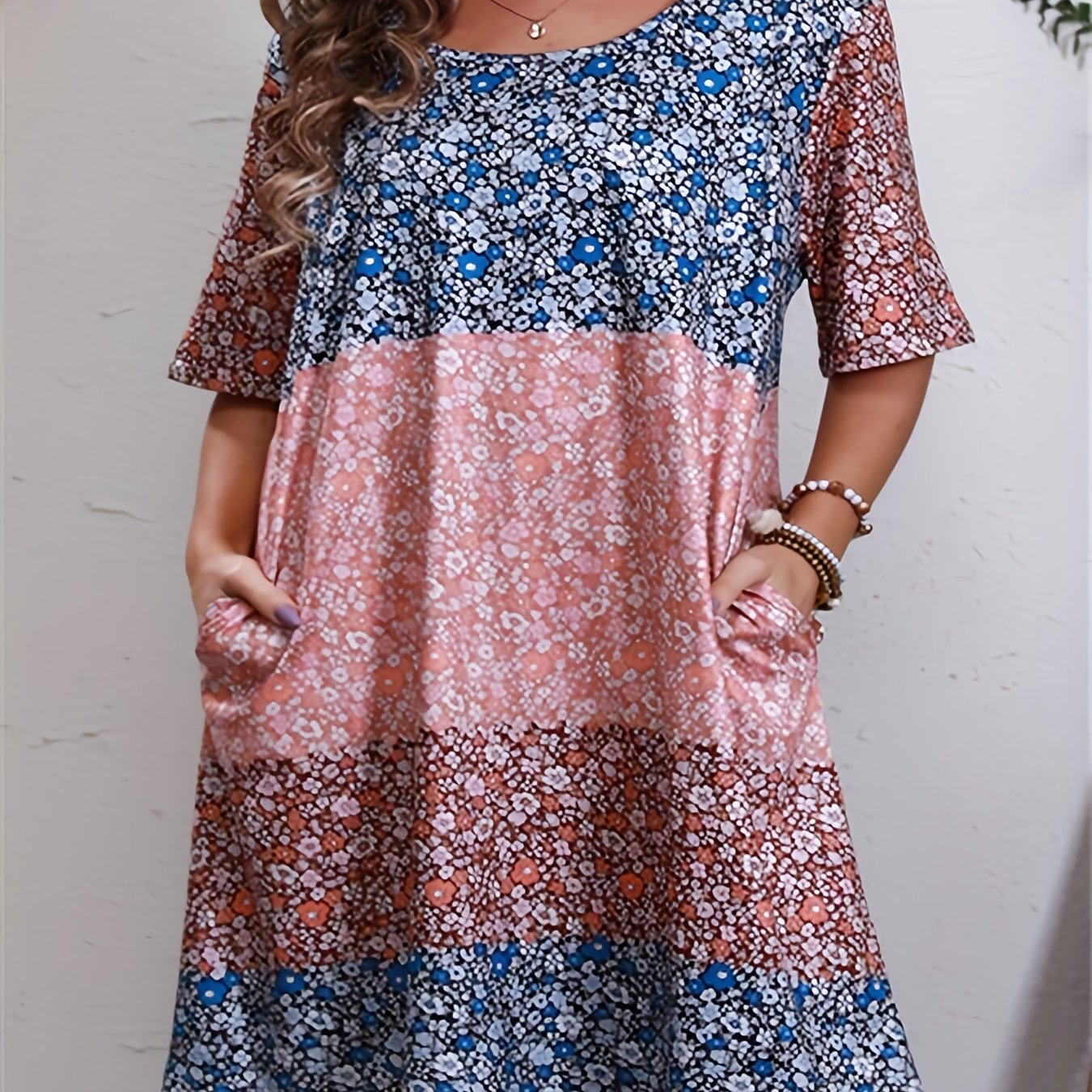Colorblock Floral Print Short Sleeve Tee Dress With Pockets