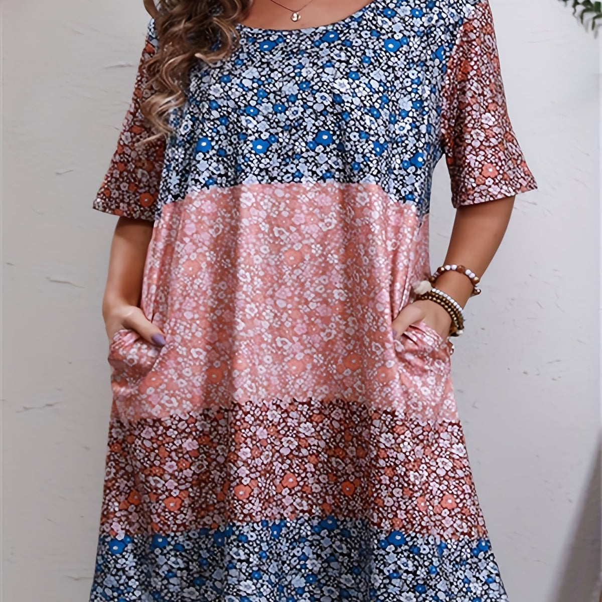 Colorblock Floral Print Short Sleeve Tee Dress With Pockets