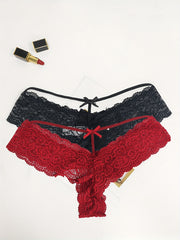 2 Pack Plus Size Lace Briefs Set, Cut Out Bow Front Panties