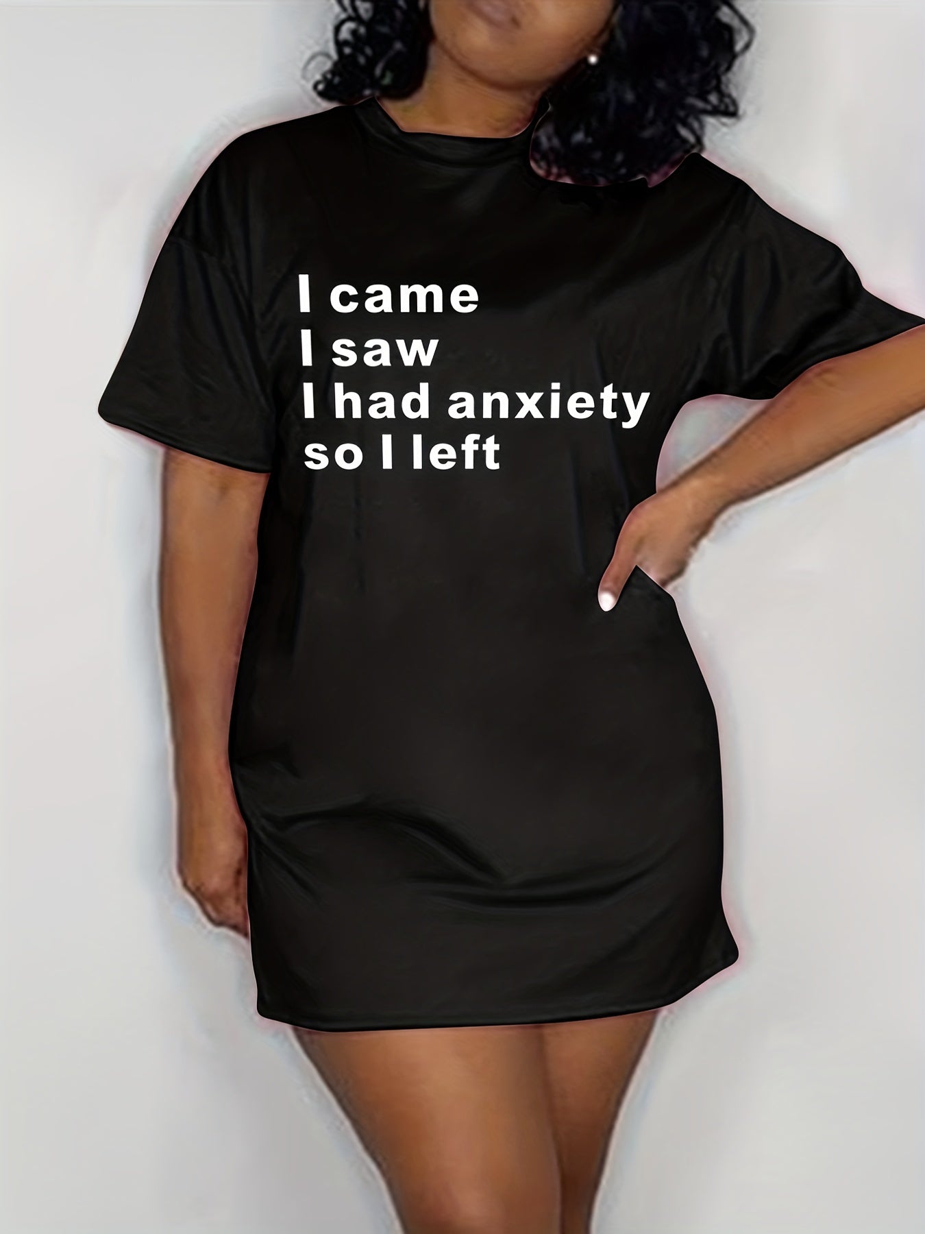  Slogan Print Tee Dress Women's Short Sleeve Mini Dress