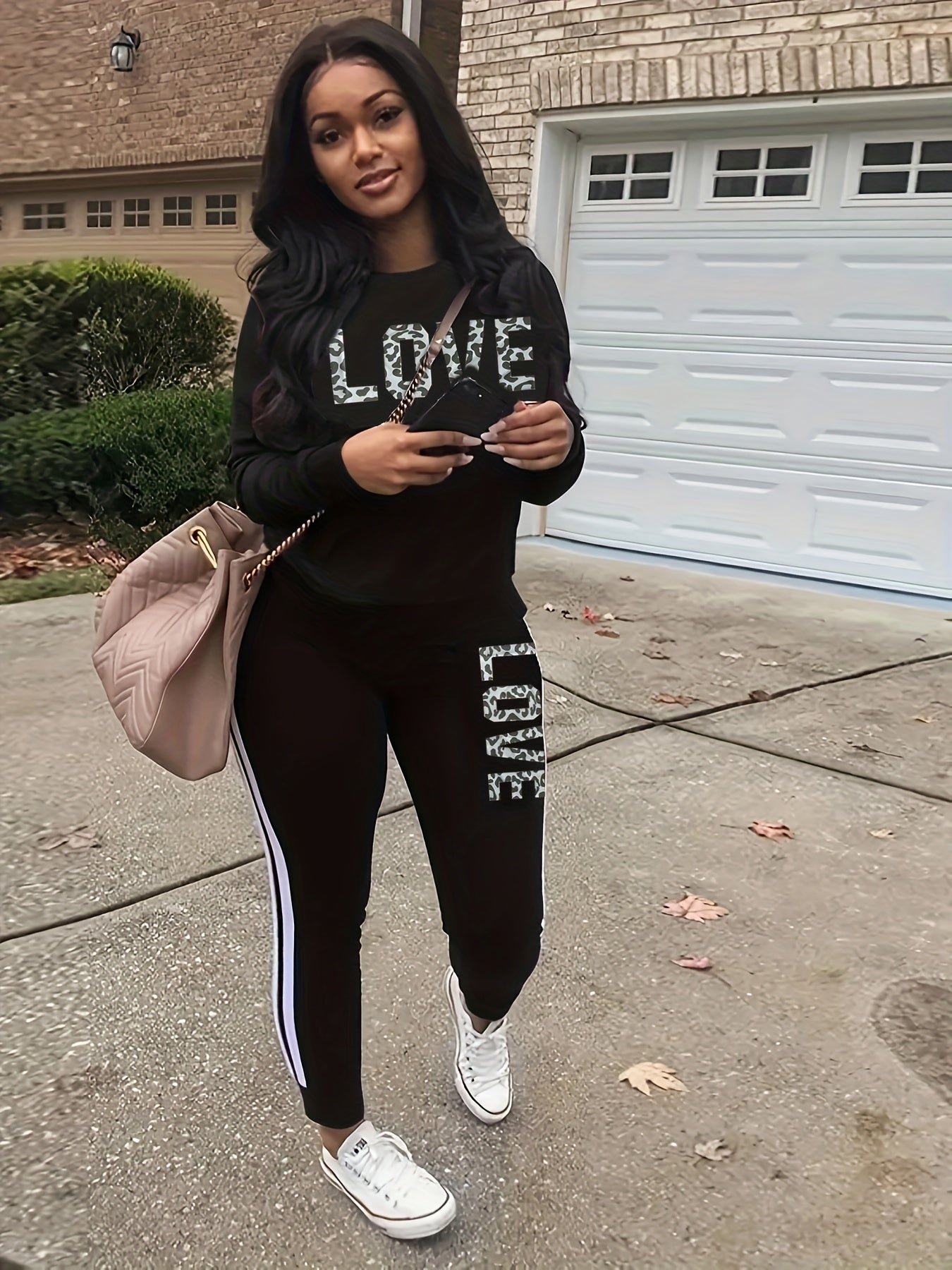  Leopard Print Pullover & Striped Pants Two Piece Set