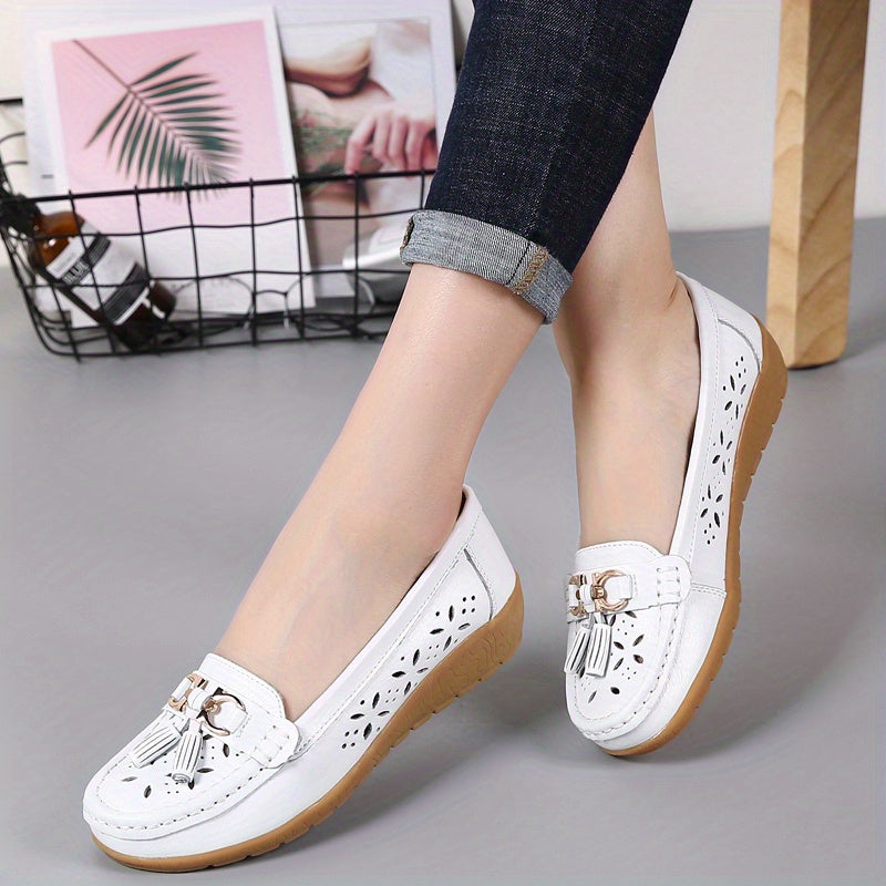 Women's Hollow Out Loafers Breathable Slip On Solid Flat Shoes