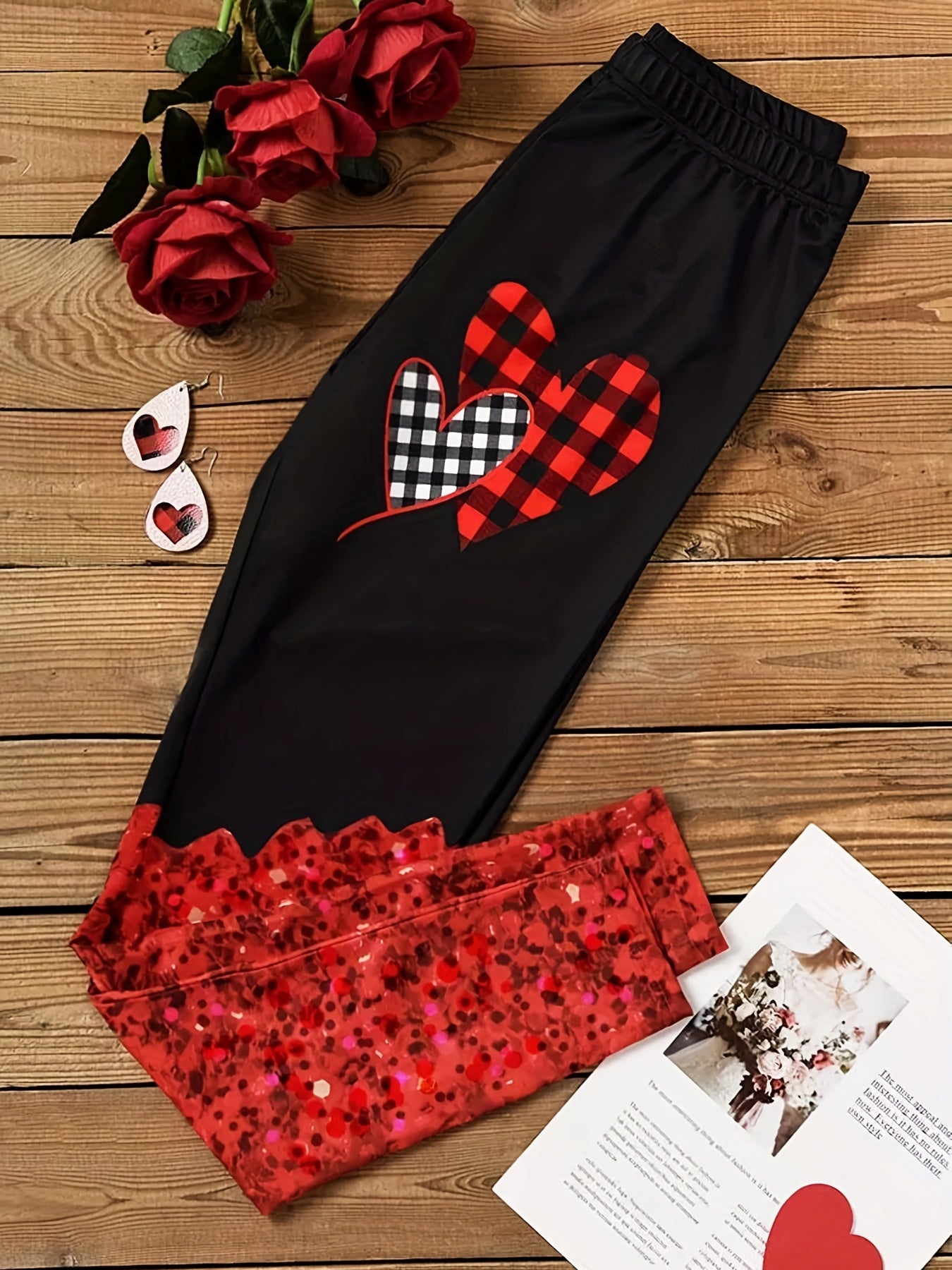  Colorblock Plaid Heart Print Leggings Medium Stretch Slim Fit