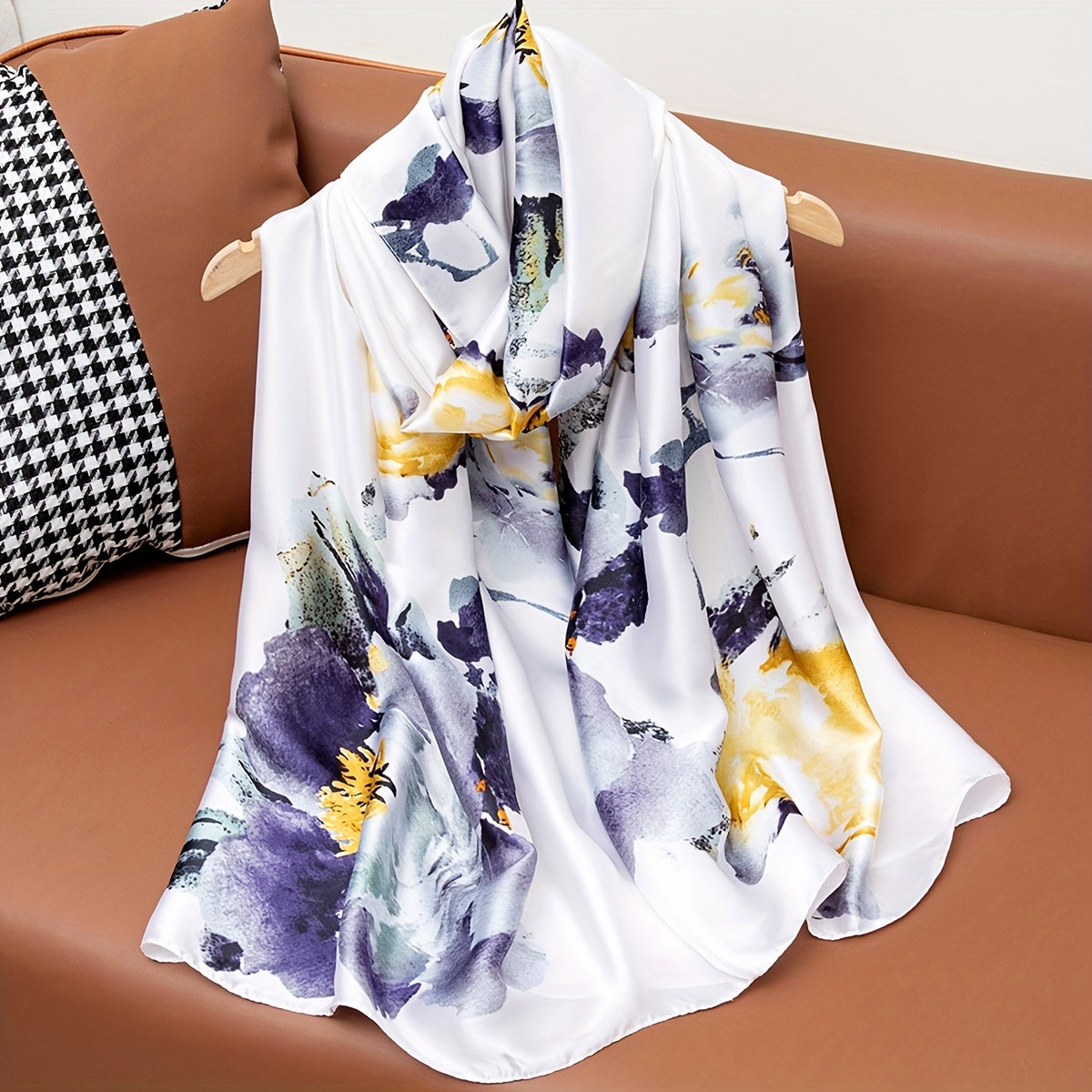 Vintage Peony Flower Print Scarf Satin Shawl Silk Windproof Head Wrap Turban